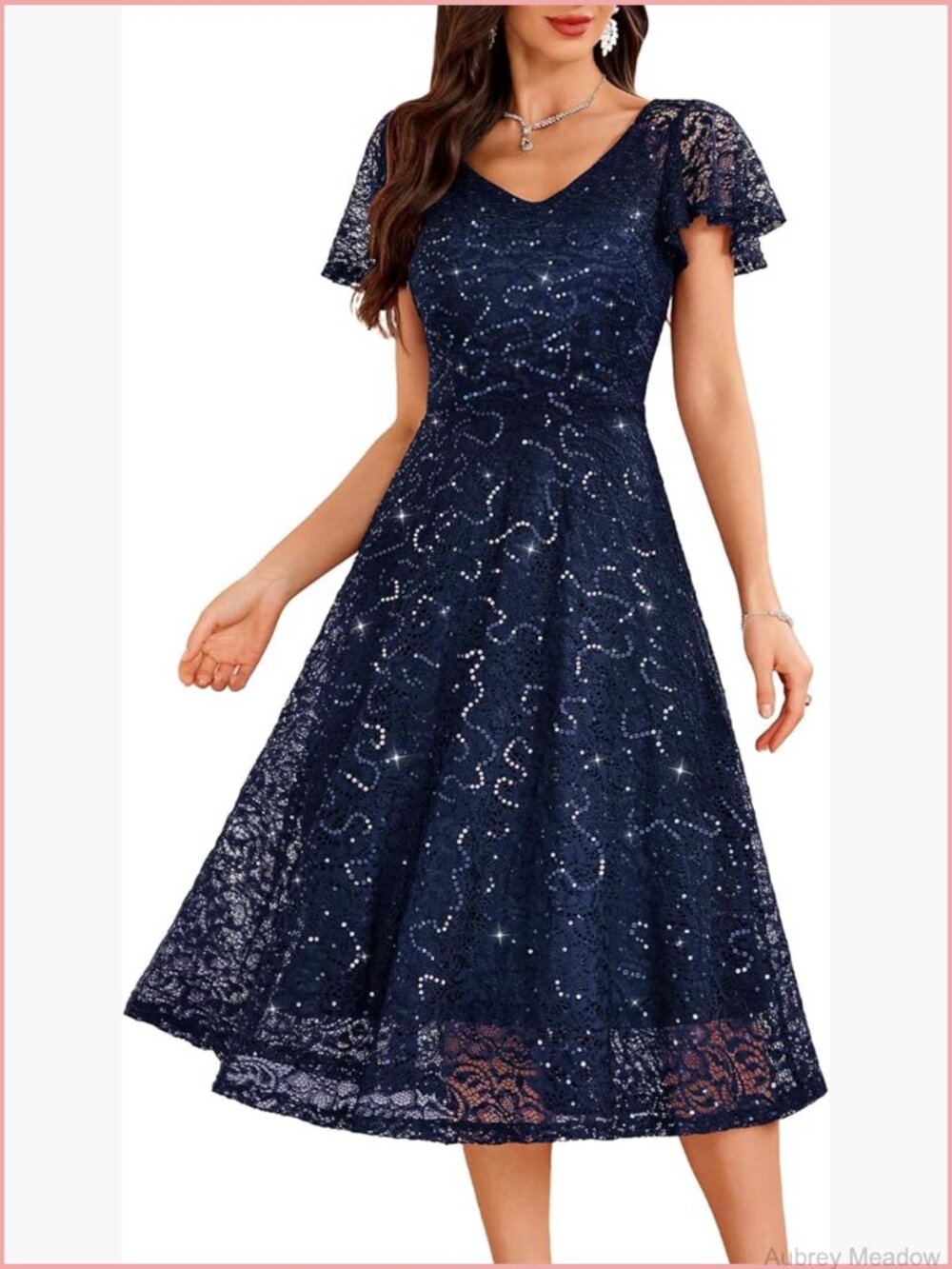 V Neck Lace Sequin Formal Dress Midi A Line Cap Sleeve Cocktail Party